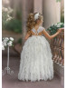 Beaded Ivory Lace Wrinkled Chiffon Ruffled Flower Girl Dress